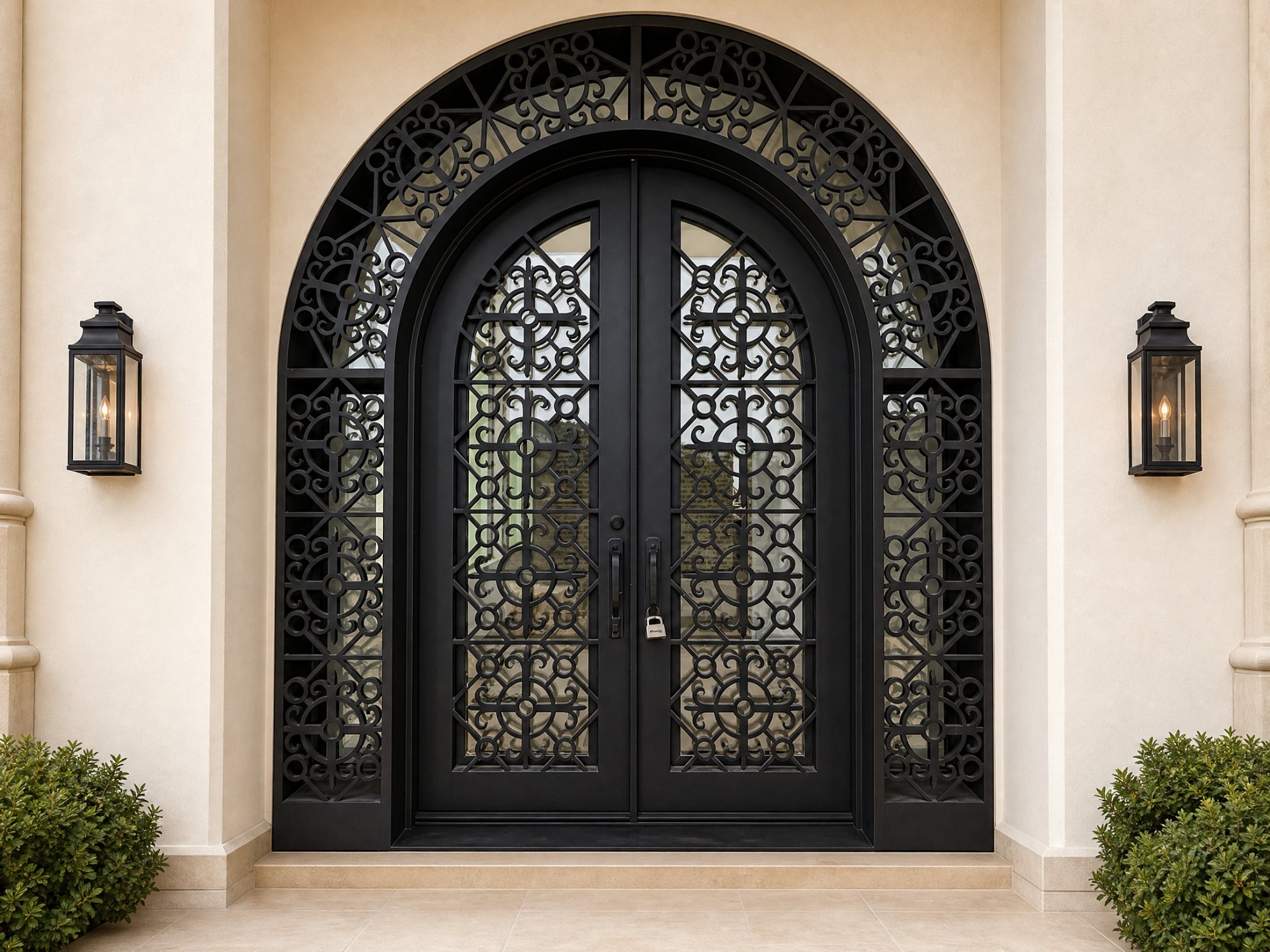 Arched wrought iron front entry