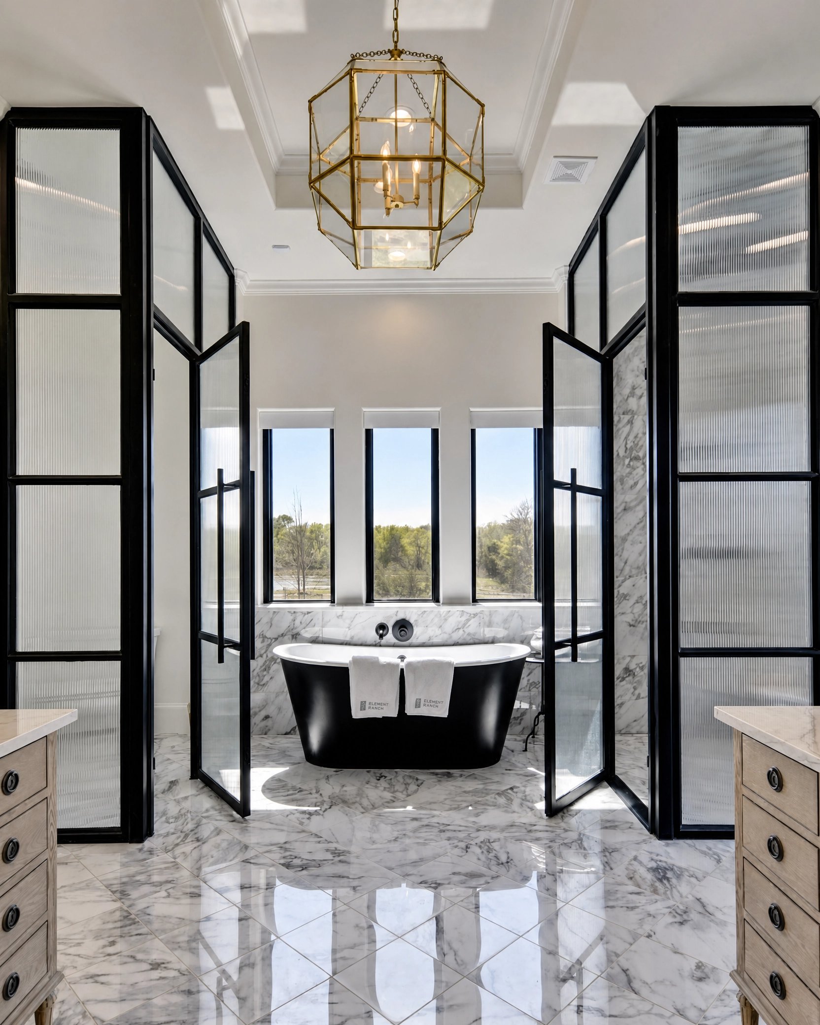 Steel and reeded glass bath partition